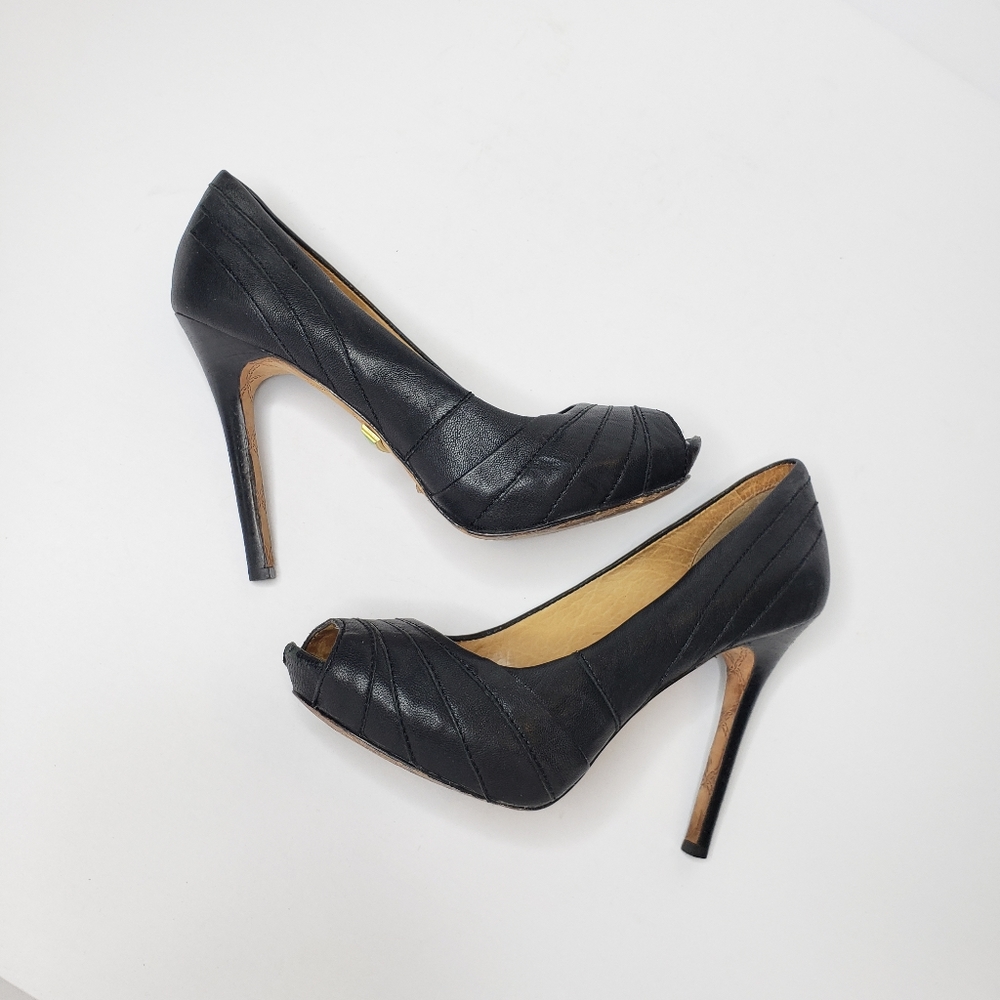 L.A.M.B. Black leather peep toe heels
